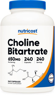 Nutricost Choline Bitartrate 650mg bottle for daily supplementation.