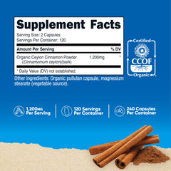 Closeup of Nutricost Cinnamon Capsules highlighting the high-potency cinnamon per serving.