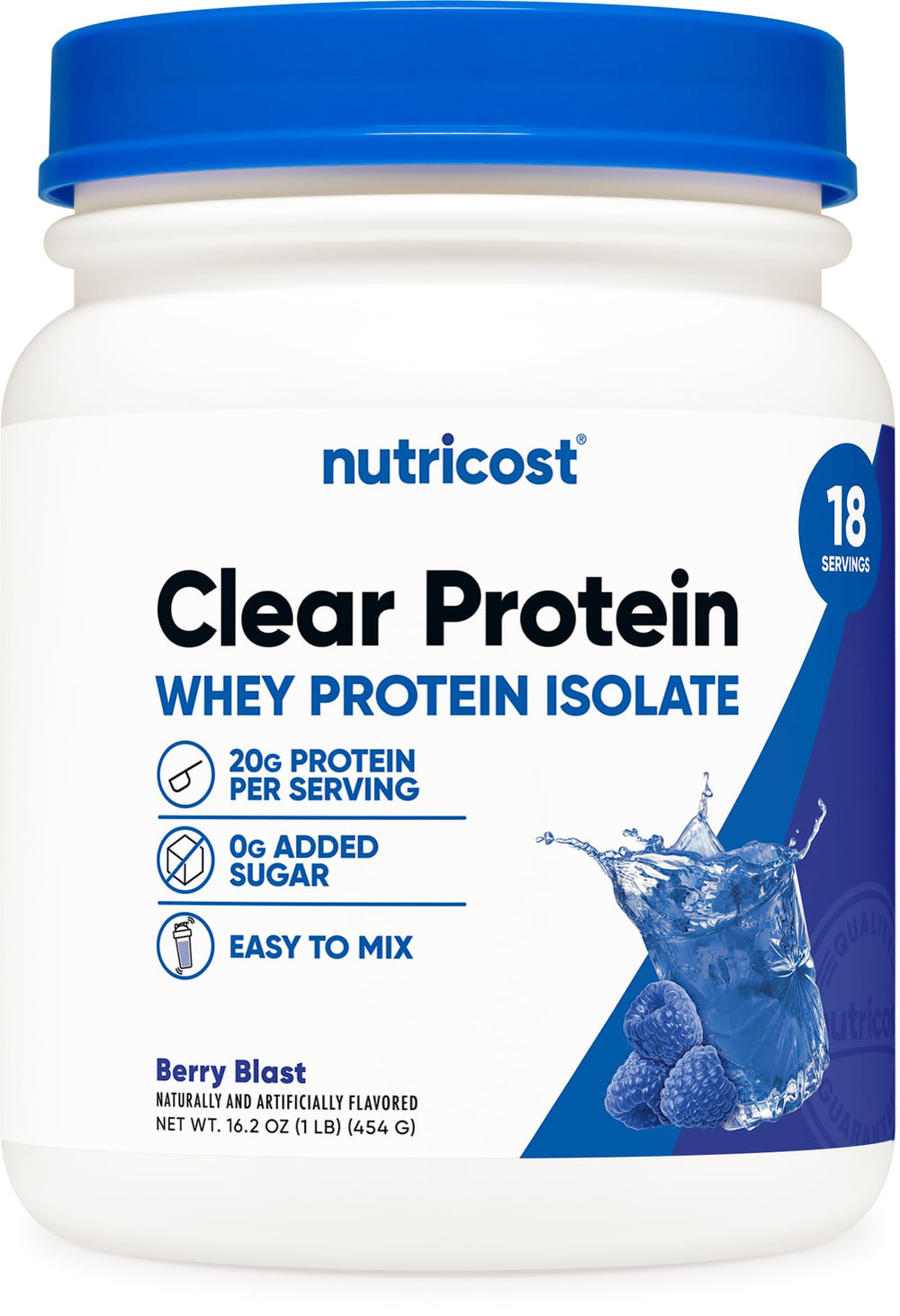 Nutricost Clear Whey Berry Blast bottle pour offers a post-workout refreshing protein option.