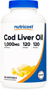 Nutricost Cod Liver Oil 1000mg softgels, a daily omega-3 source.
