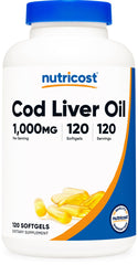 Nutricost Cod Liver Oil 1000mg softgels, a daily omega-3 source.