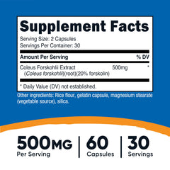 Nutricost Coleus Forskohlii: dosis de 500 mg por porción para absorción óptima.