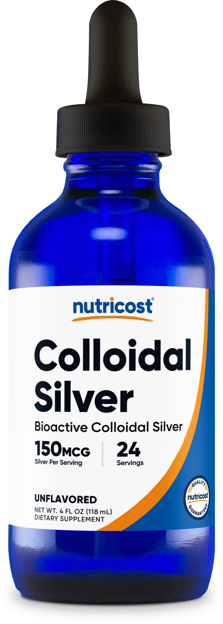 Nutricost colloidal silver 4oz bottle close-up, preserving purity for freshness
