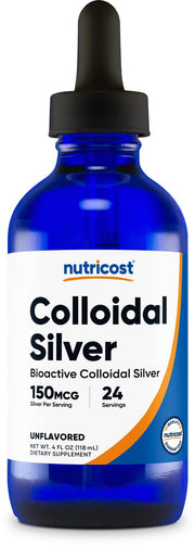 Nutricost colloidal silver 4oz bottle close-up, preserving purity for freshness