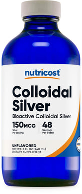Nutricost Colloidal Silver 8oz bottle shows clear liquid in blue glass.
