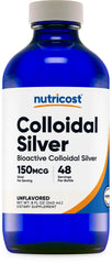 Nutricost Colloidal Silver 8oz bottle shows clear liquid in blue glass.