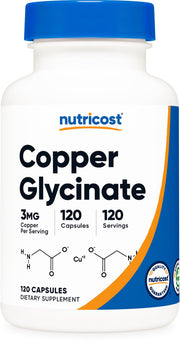 Nutricost Copper Glycinate Capsules bottle front view for daily mineral support.