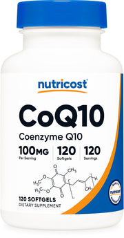 Nutricost CoQ10 Softgels bottle front showing premium formula for daily energy support.