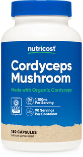 Nutricost Cordyceps bottle front with organic certification for a clean supplement.