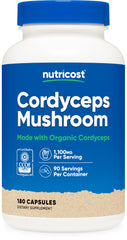Nutricost Cordyceps bottle front with organic certification for a clean supplement.