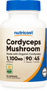 Nutricost Cordyceps capsules bottle front showing 1100 mg potency for daily support.