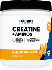 Nutricost Creatine + Aminos bottle highlighting the peach mango formula for workouts.