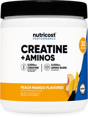Nutricost Creatine + Aminos bottle highlighting the peach mango formula for workouts.