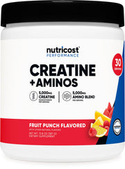 Nutricost Creatine + Aminos fruit punch bottle shows refreshing flavor.
