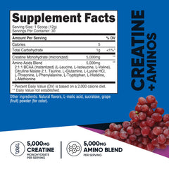 Nutricost Creatine + Aminos grape bottle pour showing quick-dissolve powder in water