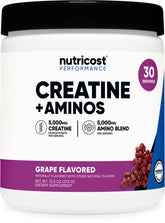 Nutricost Creatine + Aminos grape bottle for daily workouts with grape flavor