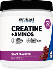 Nutricost Creatine + Aminos grape bottle for daily workouts with grape flavor