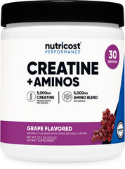 Nutricost Creatine + Aminos grape bottle for daily workouts with grape flavor