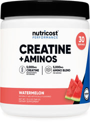 Nutricost Creatine + Aminos watermelon flavor powder in scoop for workouts