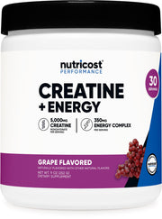 Nutricost Creatine Energy grape bottle displaying dosage label for daily workouts.