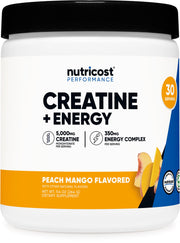 Nutricost Creatine + Energy peach mango bottle shows flavor and convenient 30-serving packaging for workouts