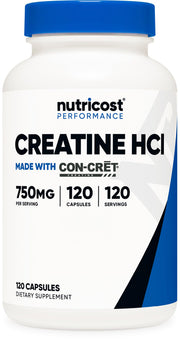 Nutricost Creatine HCl bottle front supports consistent workouts with 750 mg per capsule.
