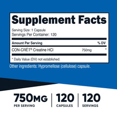 Nutricost Creatine HCl capsules closeup highlights compact gluten-free supplement for daily use.