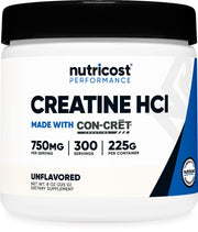 Nutricost Creatine HCl powder bottle front showing 300-serving supply for steady supplementation