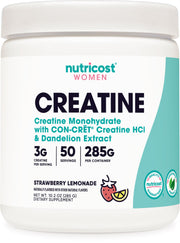 Nutricost Creatine micronized powder in strawberry lemonade bottle for workouts.
