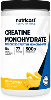 Nutricost Creatine Monohydrate Pineapple Mango bottle ready for post-workout supplementation.