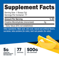Nutricost Creatine Monohydrate Pineapple Mango scoop shows convenient 5 g dosing for workouts.