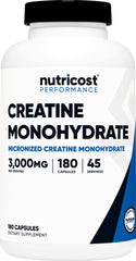 Nutricost Creatine Monohydrate 3000mg bottle — easy-to-swallow capsules for workouts.