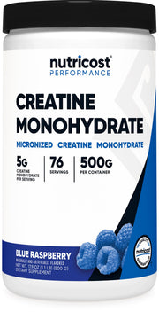 Nutricost creatine monohydrate tub with blue raspberry flavor ready to mix