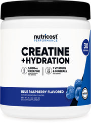 Nutricost Creatine Monohydrate bottle in blue raspberry flavor, designed for convenient workouts.