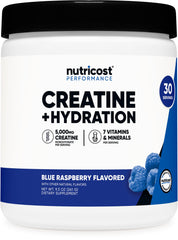 Nutricost Creatine Monohydrate bottle in blue raspberry flavor, designed for convenient workouts.