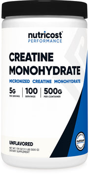 Nutricost Creatine Monohydrate micronized bottle shown for stronger workouts.