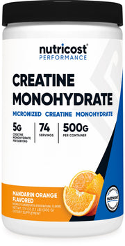 Nutricost Creatine Monohydrate Mandarin Orange bottle ready for daily workouts.