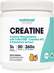 Nutricost creatine monohydrate bottle with peach mango flavor for workouts
