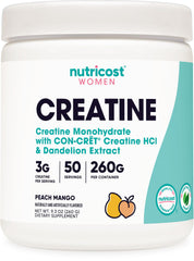 Nutricost creatine monohydrate bottle with peach mango flavor for workouts