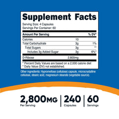 Nutricost D-Ribose bottle label visible; conveys 240-capsule supply for daily use