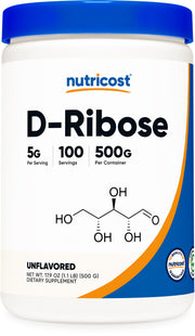 Nutricost D-Ribose powder bottle shows 500 g size for easy dosing.