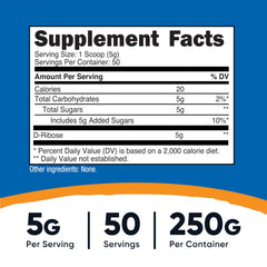 Nutricost D-Ribose powder scoop beside bottle for easy 5 g servings