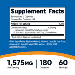 Closeup of Nutricost Dandelion Extract capsules emphasizing 525 mg per capsule