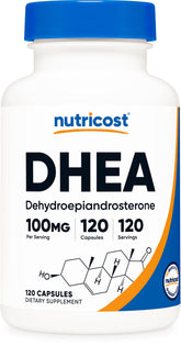 Nutricost DHEA 100mg bottle front highlights potency and gluten-free, non-GMO qualities.