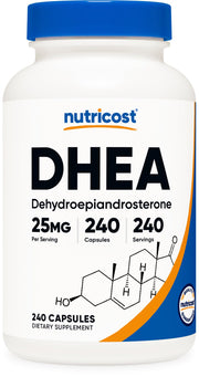 Nutricost DHEA 25mg bottle front with dosage clearly visible for daily use