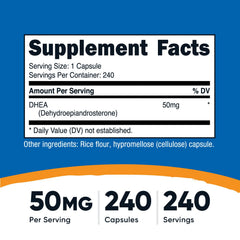 Nutricost DHEA capsules closeup shows 50mg per capsule for easy dosing.