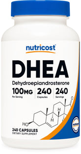 Nutricost DHEA bottle front view with clear label for easy shopping