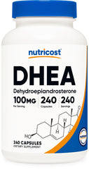 Nutricost DHEA bottle front view with clear label for easy shopping