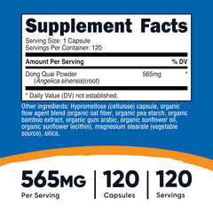 Nutricost Dong Quai botella con 120 cápsulas para suministro estable.