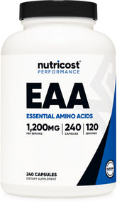 Nutricost EAA Capsules bottle showing 1200mg serving size for daily amino intake